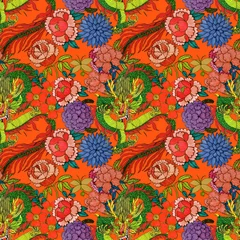 Wandaufkleber Creative seamless pattern with hand drawn chinese art elements: dragon, lantern, fan and flowers. Trendy print. Fantasy chinese dragon, great design for any purposes. Asian culture. Abstract art. © Natallia Novik