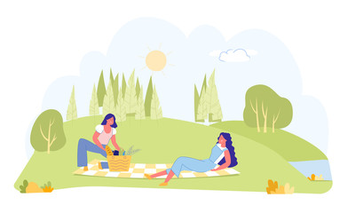 Obraz na płótnie Canvas Girls Friends Resting on Nature Having Picnic