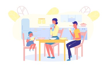 Family in Dinning Room and Holding Mobile Phone