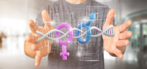 Businessman holding a DNA with data and male and female symbol - 3d rendering