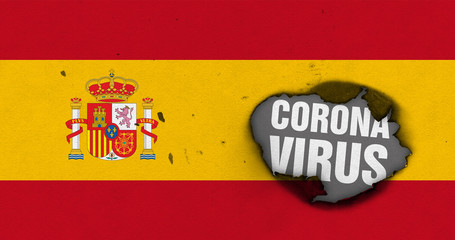 Flag of Spain with burned out hole showing Coronavirus name in it. 2019 - 2020 Novel Coronavirus (2019-nCoV) concept, for an outbreak occurs in Spain.