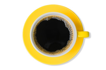 black coffee with heart-shaped froth in the yellow coffee cup isolated on white background top view