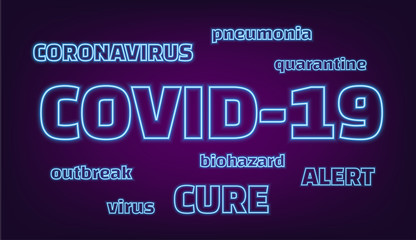 COVID-19 banner with the blue neon glowing words: Coronavirus, Virus; Quarantine; Pneumonia; Alert; Outbreak; Biohazard; Cure on purple gradient background. Worldwide 2019-nCoV outbreak concept.