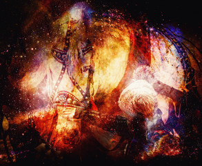 child stroking white work horse on abstract structured space background.