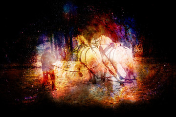 horse trener in winter landscape, on abstract structured space background. - obrazy, fototapety, plakaty