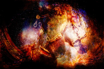 Two horses with ornate harness in close-up view, on abstract structured space background.