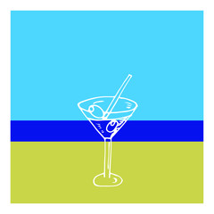 Summer cocktail on background of sea, sunny beach - vacation scene.  White line hand drawn stock vector illustration, simple sketch. White outline silhouette on summer background.