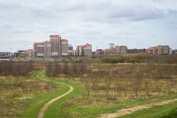Fototapeta na wymiar Park and skyline of neighbourhood Oosterheem in city of Zoetermeer, Netherlands