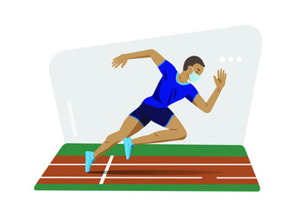 Sportsman in medical mask, runner with face mask, athletic white man running in the stadium, getting ready for the competition. Isolated stock vector illustration.