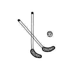 Floorball equipment. Outdoor summer games. Stock vector hand drawn illustration, isolated on white background. Simple outline doodle design.