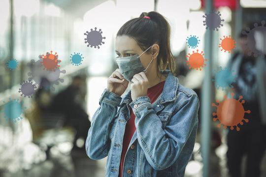 Woman Wearing Protective Mask In Airport, Coronavirus Contagion Fears Concept	