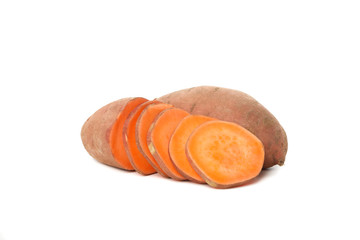 Sweet potato and slices isolated on white background