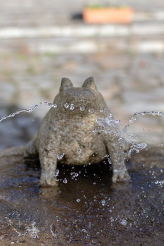 juegos de agua con una rana de piedra en el centro