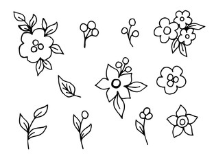 Simple vector freehand set of black outline. The contour of delicate flowers, twigs, leaves, bouquets in a rustic style on a white background. Elements of nature, plants for decoration, patterns.
