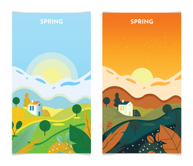 Spring Landscape at sunrise and sunset. Spring Season banners set template vector illustration