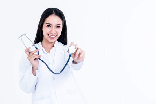 Portrait images of Asian doctor pretty woman, are healthy, smiling, clean and white teeth, showing medical stethoscope On white background, to people and health care concept.