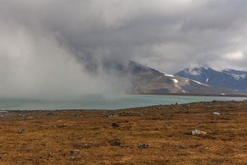 autumn view of Sarek National Park, Lapland, Norrbotten County, Sweden, near border of Finland, Sweden and Norway. selective focus