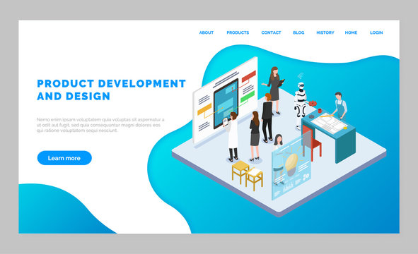 Website of product development of software and design of it. People working on engineering, manufacturing process. Board with mockup of mobile application. Vector illustration of webpage in flat style