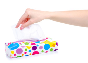 Pack white napkins in hand on white background isolation