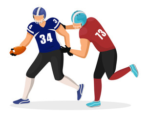 Fototapeta premium Footballers from different teams play in american football. Player in red uniform try to intercept ball from opponent. Rivalry of competition. Vector illustration of match on stadium in flat style