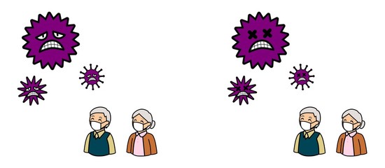 病気の予防のためにマスクをする高齢者とウイルス