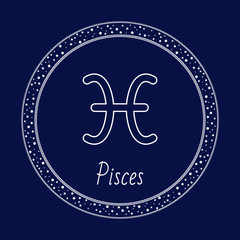 Pisces astrology zodiac sign isolated on blue in circle with stars. Vector pisces constellation on dark sky background, fish horoscope symbol. Prediction of fortune, astrological outline sign