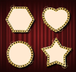 Theater curtain backdrop and blank frame with lamps. Round framework, concert or show banner template, evening event, light framing and textile. Geometrical glowing frame set on red curtain background