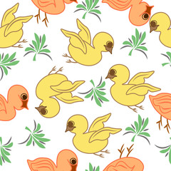 Abstract birds and leaves seamless pattern.