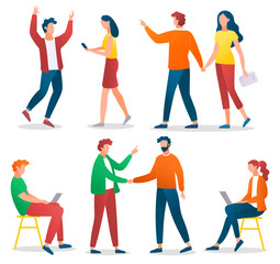 Fototapeta premium Collection of businesspeople and friends. Set of personages shaking hand. Woman and man using laptop working on freelance. Male and female with mobile phone discussing problems, vector in flat