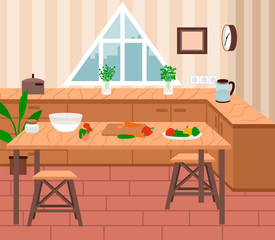 Cozy kitchen interior, furnishing for room. Wooden table . Desk with plates and products on it. Fresh vegetables as peppers and carrot on surface. Vector illustration of cooking process in flat style