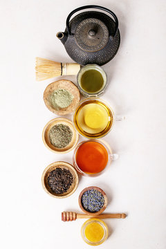 Variety of green, black and matcha tea
