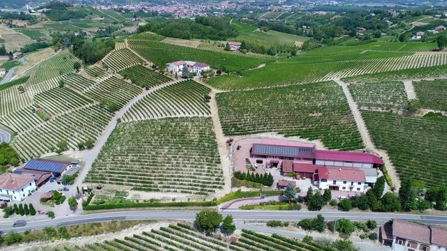 Acqui Terme, Monferrato, Alessandria / Italy: Aerial landscape beautiful green hills of vineyards of  Piedmont, Italy. Region wine area Langhe, Monferrato and Roero fields. 