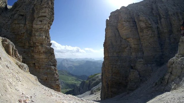 aerial view of the Pordoi pass fork. Forcella, in the Dolomites. Sass Pordoi, Canazei, Trento, Italy