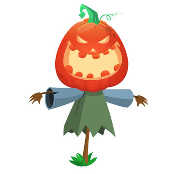 Halloween cartoon scarecrow with pumpkin head.  Jack-o-lantern