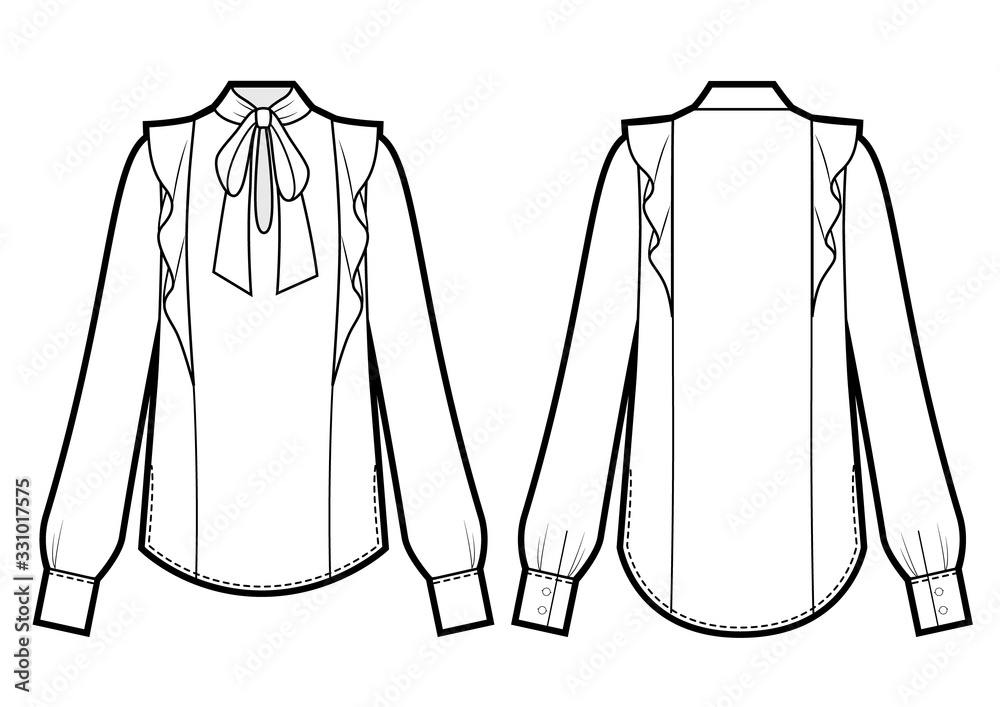 Sticker Vector illustration of women's tie neck blouse. Front and back