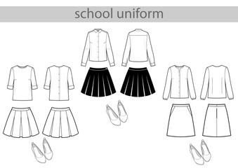 School or College Uniforms. Kids Clothes Vector Set. Black and white.