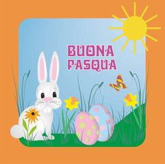 Vector illustration with italy text Buona Pasqua, means Happy Easter. Concept with illustration in several languages. Rabbit hiding eggs. stock illustration... 