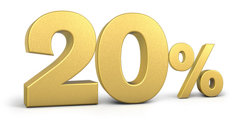 Golden 20 Percent Off Discount Sign, Special Offer 20% Off Discount Tag, Save On 20% Icon, Golden Sale Symbol, Gold Sale twenty, 3d render