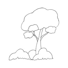 Beautiful tree with spreading branches, bushes and grass. National Forest Day. The concept of conservation of nature. Spring or summer doodle style illustration. Arbor day. Ecology.