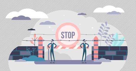 Closed border crossing point concept, flat tiny persons vector illustration