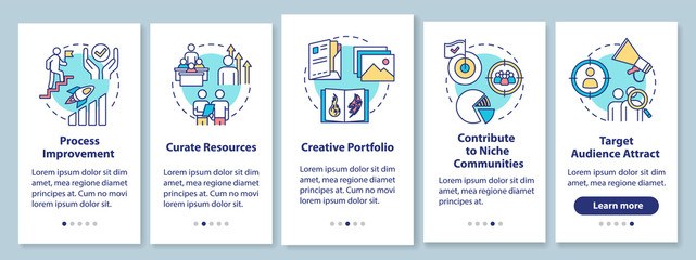 Business project onboarding mobile app page screen with concepts. Work on product. Project management walkthrough 5 steps graphic instructions. UI vector template with RGB color illustrations