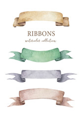 Watercolor ribbons set. Hand drawn stripes or banners for text. Watercolor design elements isolated objects.