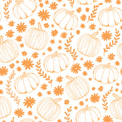 Pumpkin vector seamless pattern, hand drawn squash sketch isolated on white background