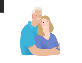 Medical insurance -senior citizen health plan -modern flat vector concept digital illustration of a happy elderly couple, standing embraced together holding their hands. Medical insurance plan.