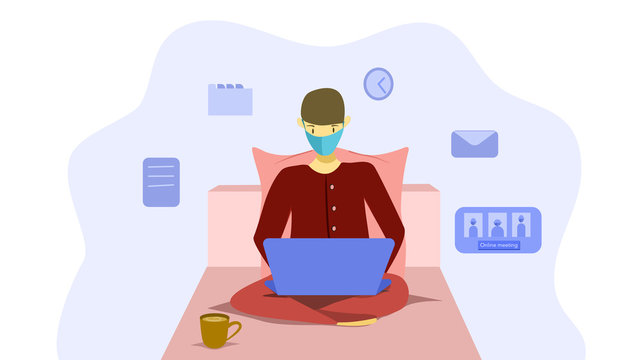 Self- quarantine concept : Work from home, A man working with his laptop on his bed wearing medical mask during quarantine, Prevent infection spreading. Vector illustration. Flat design