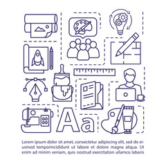 Design studio concept icon with text. Creative agency briefing. Collaborative teamwork on project idea. PPT page vector template. Brochure, magazine, booklet design element with linear illustrations