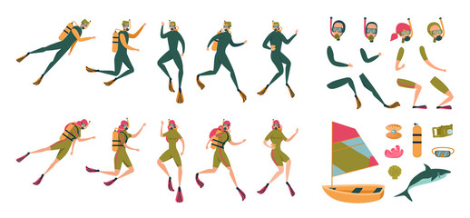 Character Element Man and Woman Scuba Diver.