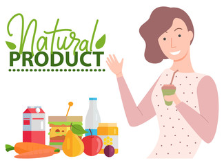Natural products poster, smiling girl drinking beverage, healthy food, girl poses. Vegetable and fruit, carrot and apple, pack of drink, fresh nutrition vector