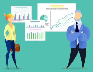Business performance of man and woman workers with graph report icons. Workers presenting teamwork progress on diagram and rising arrows. Professional people in suit near growth chart symbol vector