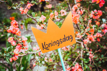 Paper cut crown with an inscription Koningsdag against the background of flowers